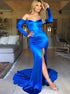 Royal Blue Mermaid Satin Off the Shoulder Satin Prom Dresses With Slit LBQ2680